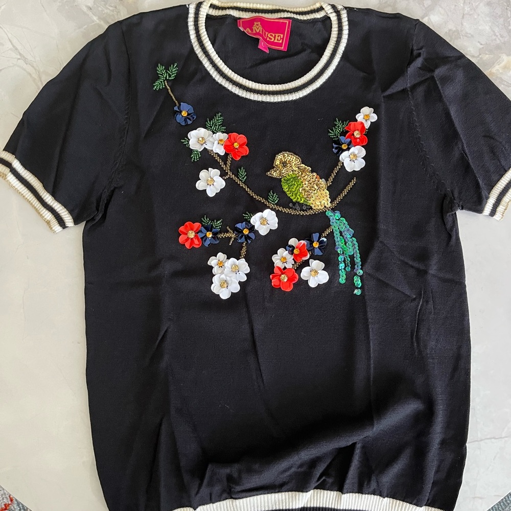 Muse Black Short-Sleeve Embroidered Bird & Floral Sweater